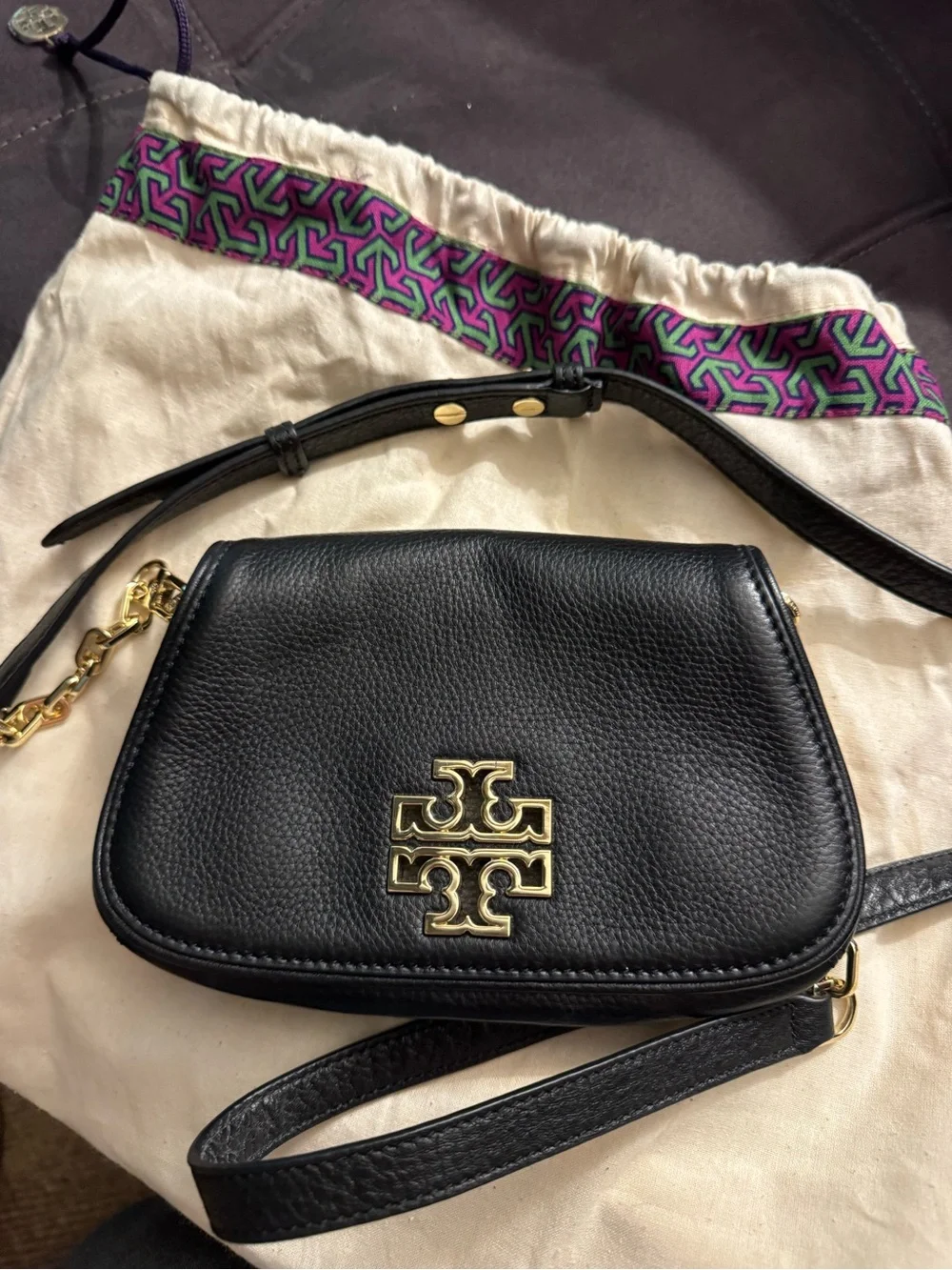 Tory Burch Britten Mini Crossbody Bag – Black Pebbled Leather – Gold Logo